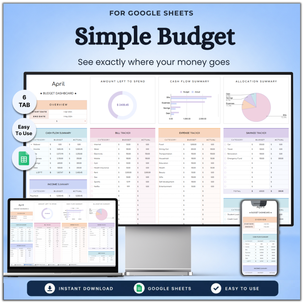 Simple Budget Tracker Google Sheets GigaSheets