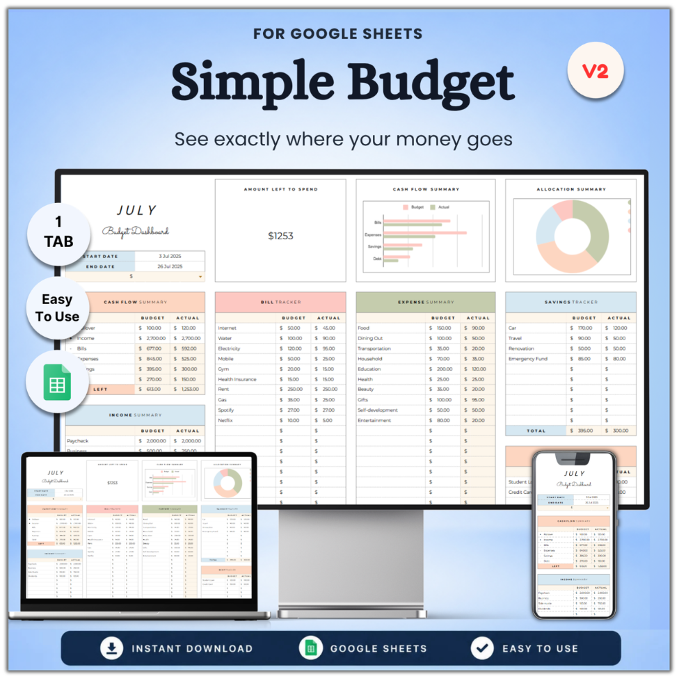 Simple Budget Tracker V2 Spreadsheet GigaSheets