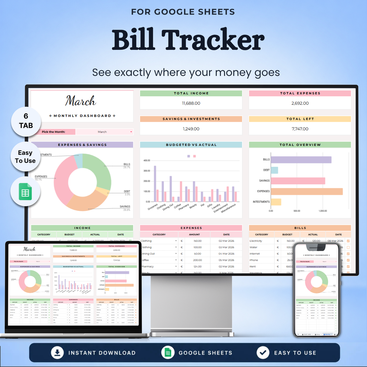 Digital Bill Tracker template displayed on a desktop monitor, laptop, and smartphone mockup against a blue gradient background. The template features colorful financial charts, graphs, and tables for tracking income, expenses, savings, and bills, with text reading 'Bill Tracker' and 'See exactly where your money goes'.