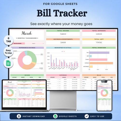 Digital Bill Tracker template displayed on a desktop monitor, laptop, and smartphone mockup against a blue gradient background. The template features colorful financial charts, graphs, and tables for tracking income, expenses, savings, and bills, with text reading 'Bill Tracker' and 'See exactly where your money goes'.