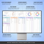 Screenshot of a budgeting software with various financial tracking features on a blue background.