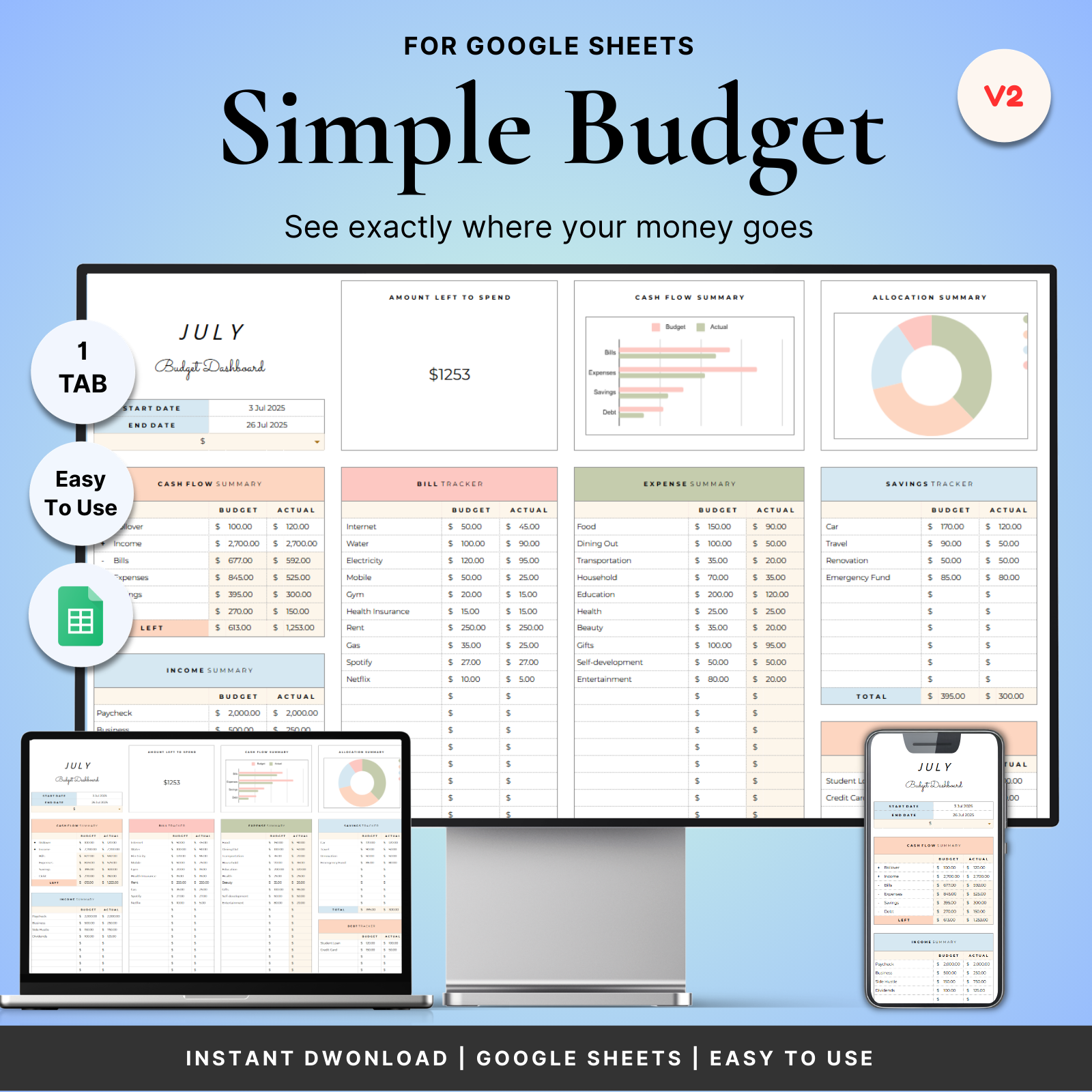 Simple Budget Tracker V2 Spreadsheet