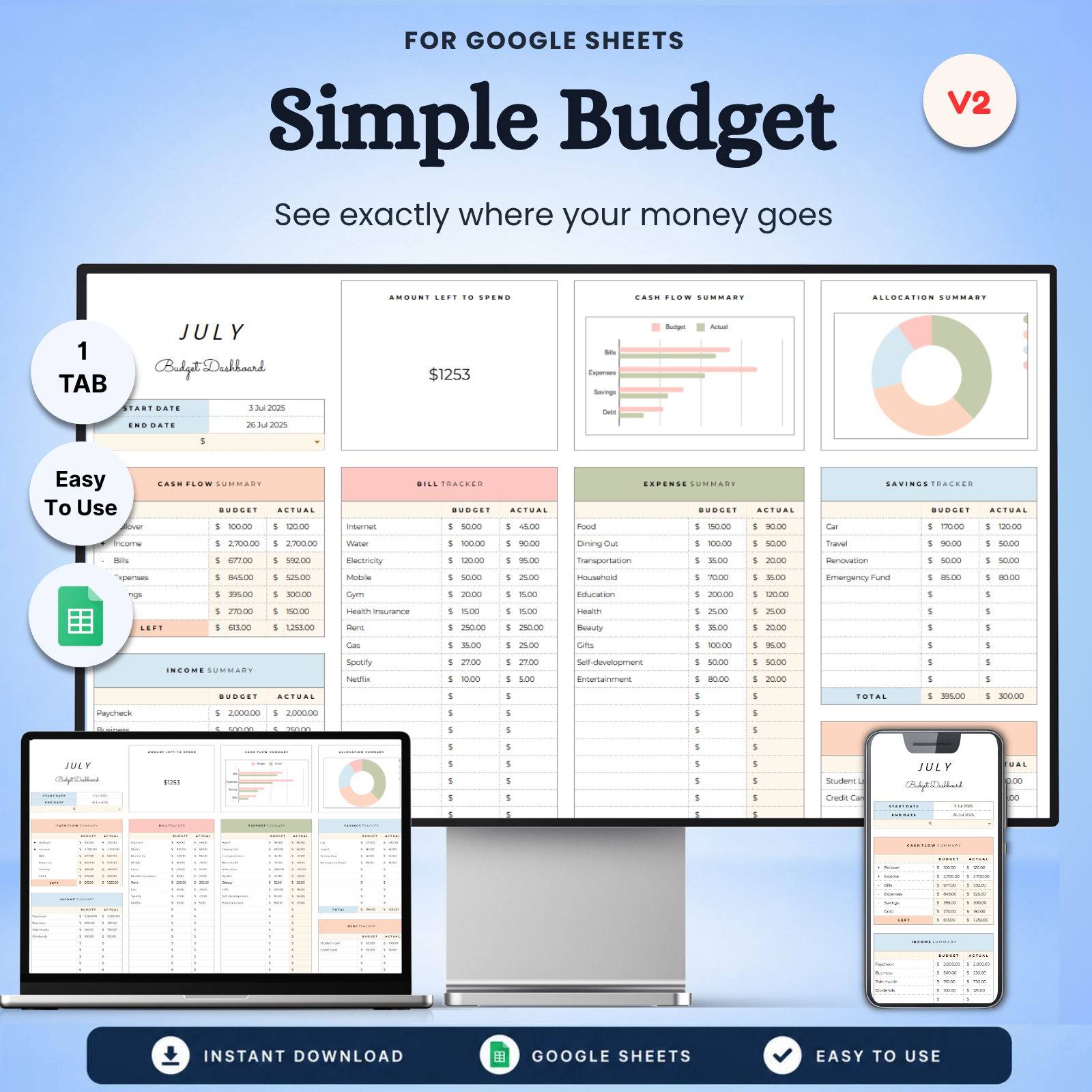 Simple Budget Tracker V2 Spreadsheet