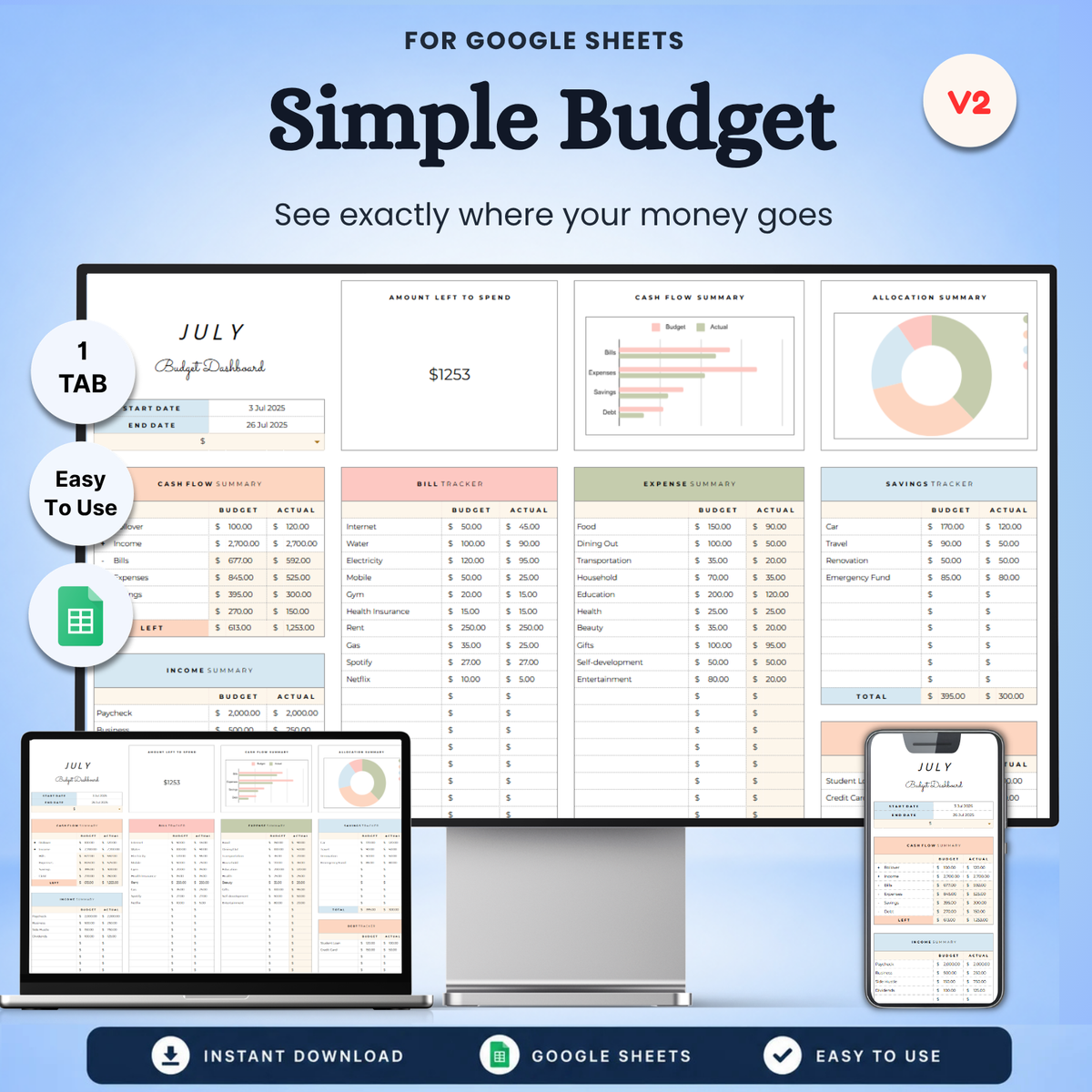 Simple Budget Tracker V2 Google Sheets template